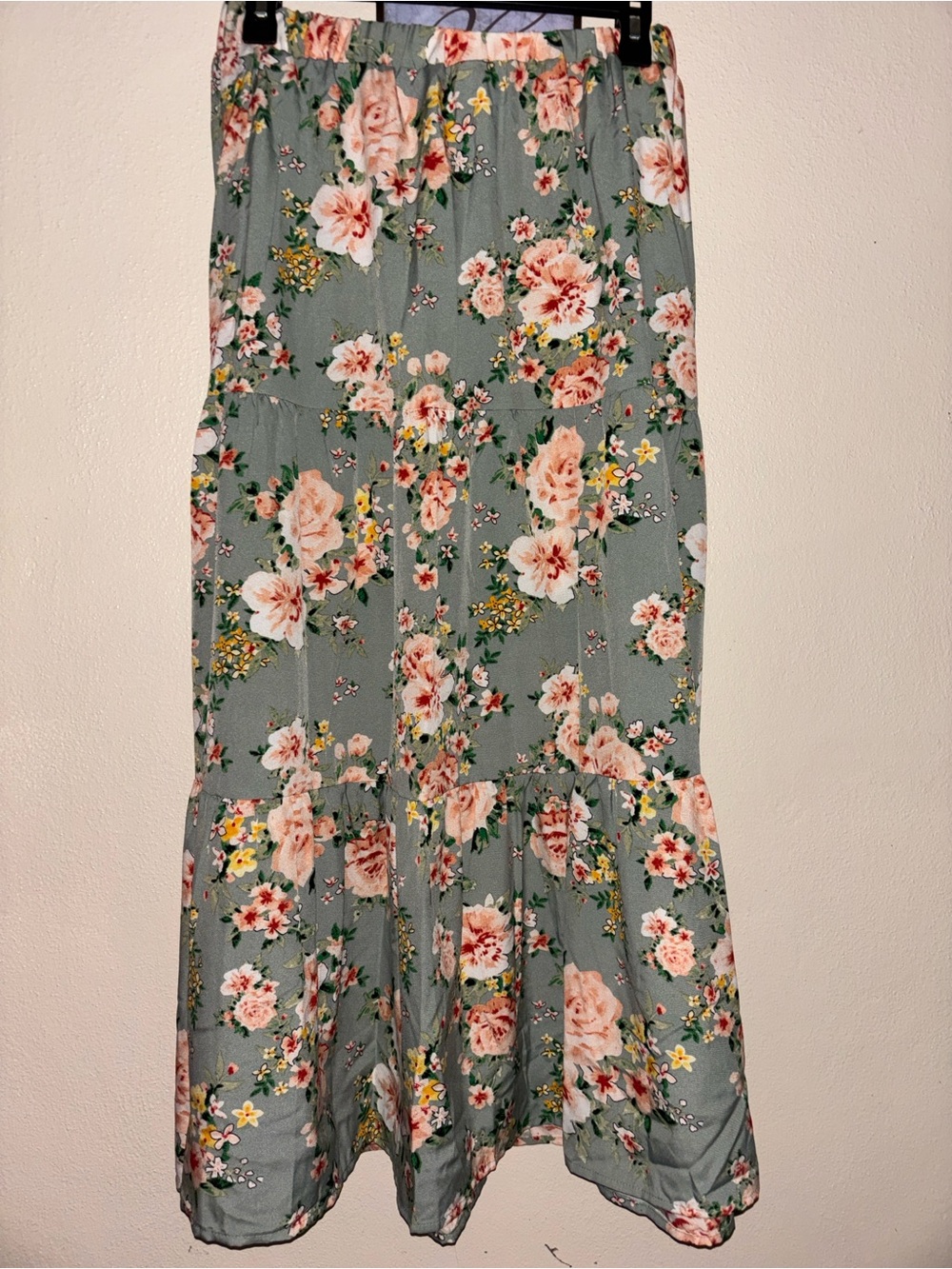 SHEIN Sage Green Floral Tiered Maxi Skirt